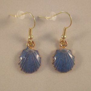 Gold Blue Sea Shell Earrings Hypoallergenic Hooks